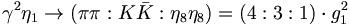\gamma ^{2}\eta _{1}\rightarrow (\pi \pi :K{\bar  K}:\eta _{8}\eta _{8})=(4:3:1)\cdot g_{{1}}^{{2}}