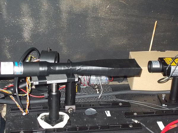 Figure 10. PS detector set up for cosmic ray detection. (Note: Despite their proximity in this picture, the laser and LED were not used in our test.)